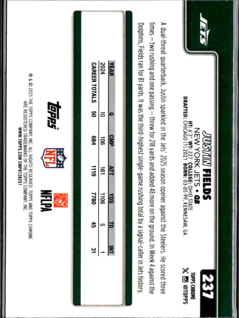 Justin Fields 2025 Topps Chrome Green Wave Refractor 28/99 New York Jets
