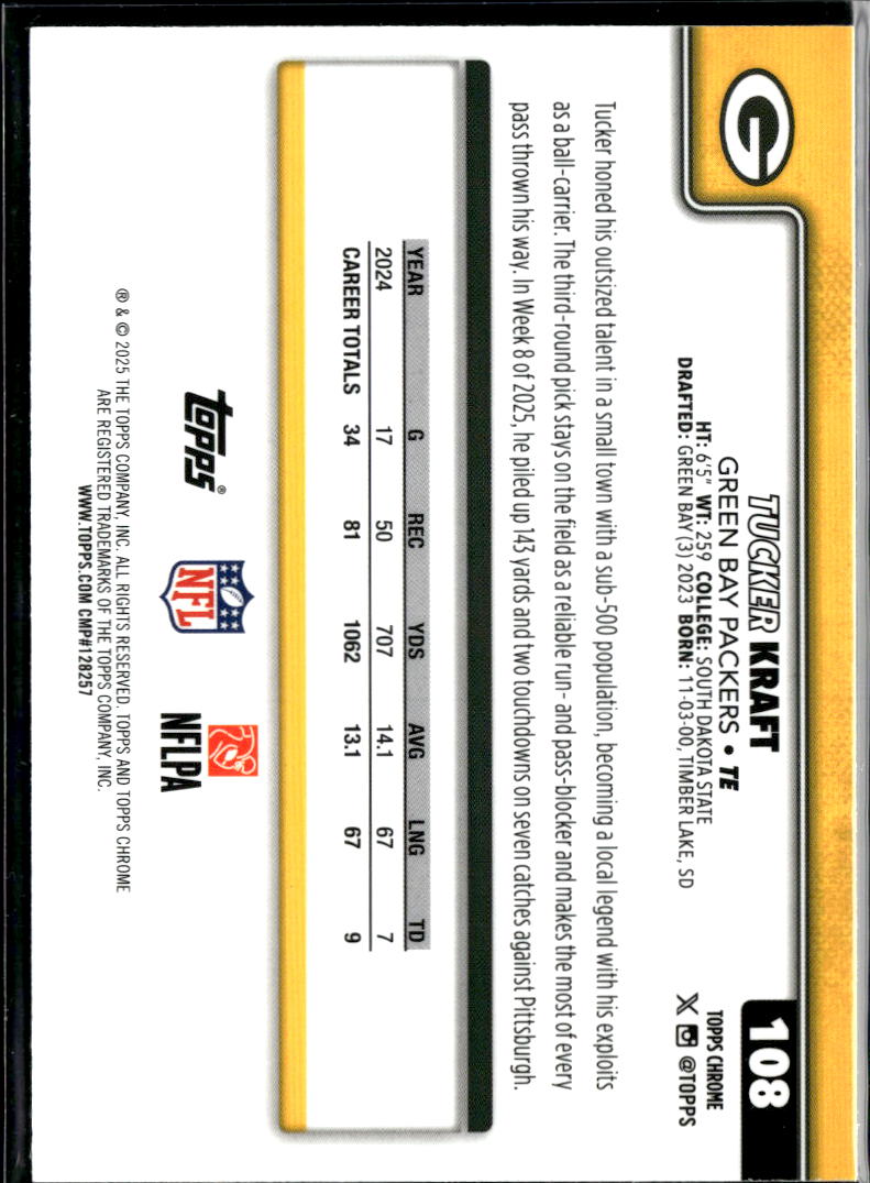 Tucker Kraft 2025 Topps Chrome Yellow Wave Refractor 180/275 Green Bay Packers