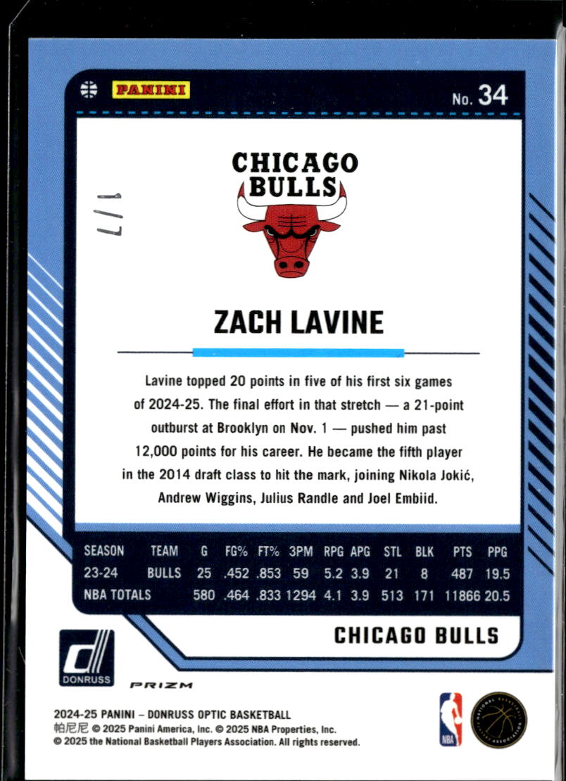 Zach LaVine 2024-25 Optic Red Yellow Disco Prizm 1/7 #34 Chicago Bulls