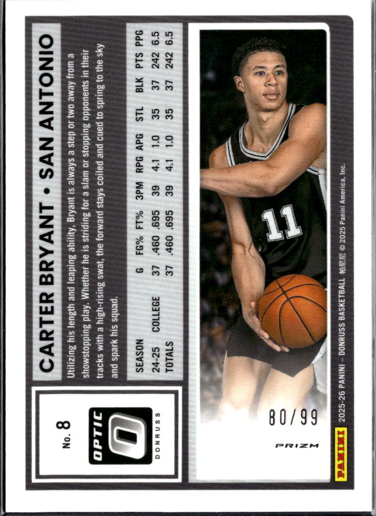 Carter Bryant 2025 Panini Donruss Optic Prizm Blue /99 San Antonio