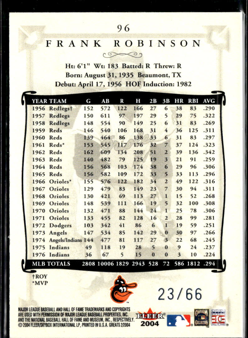 Frank Robinson 2004 Fleer Greats Platinum Blue 23/66 Baltimore Orioles