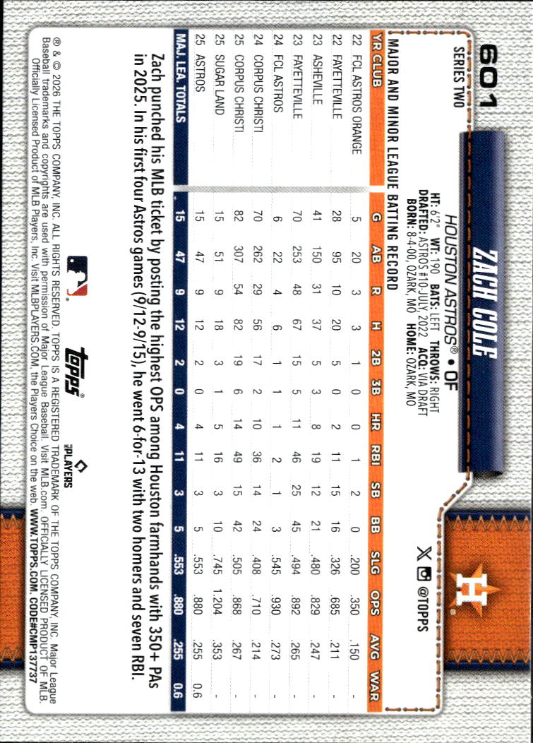 Zach Cole 2026 Topps Team Logo SSP Variation Rookie RC Houston Astros