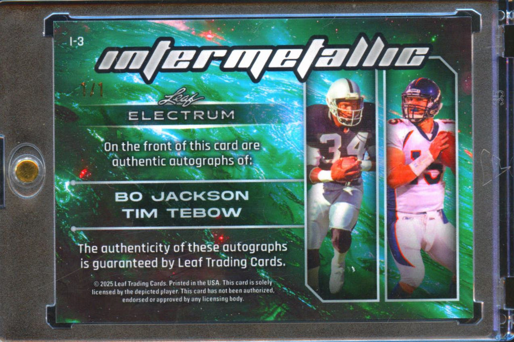 Tim Tebow / Bo Jackson 2025 Leaf Electrum Dual Auto Autograph 1/1 Broncos Raider