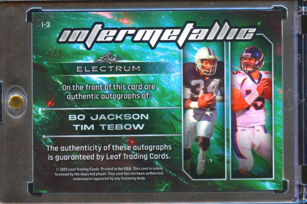 Tim Tebow / Bo Jackson 2025 Leaf Electrum Dual Auto Autograph 1/1 Broncos Raider