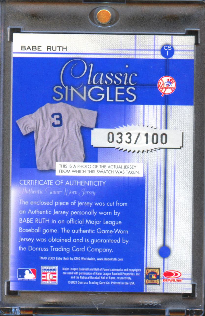 Babe Ruth 2003 Donruss Classics Game Worn Jersey Patch 33/100 New York Yankees