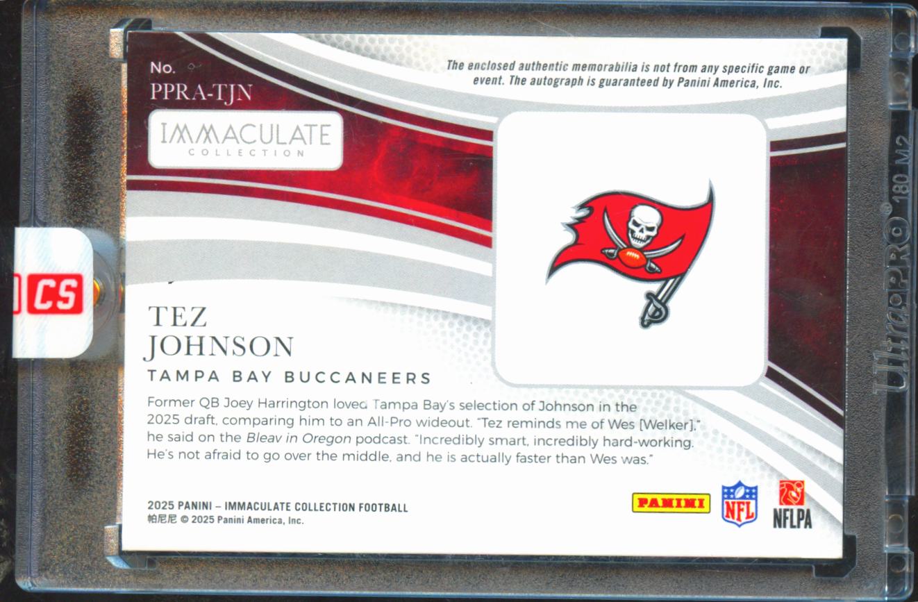 Tez Johnson 2025 Immaculate Auto Autograph Patch RC 7/99 Tampa Bay Buccaneers