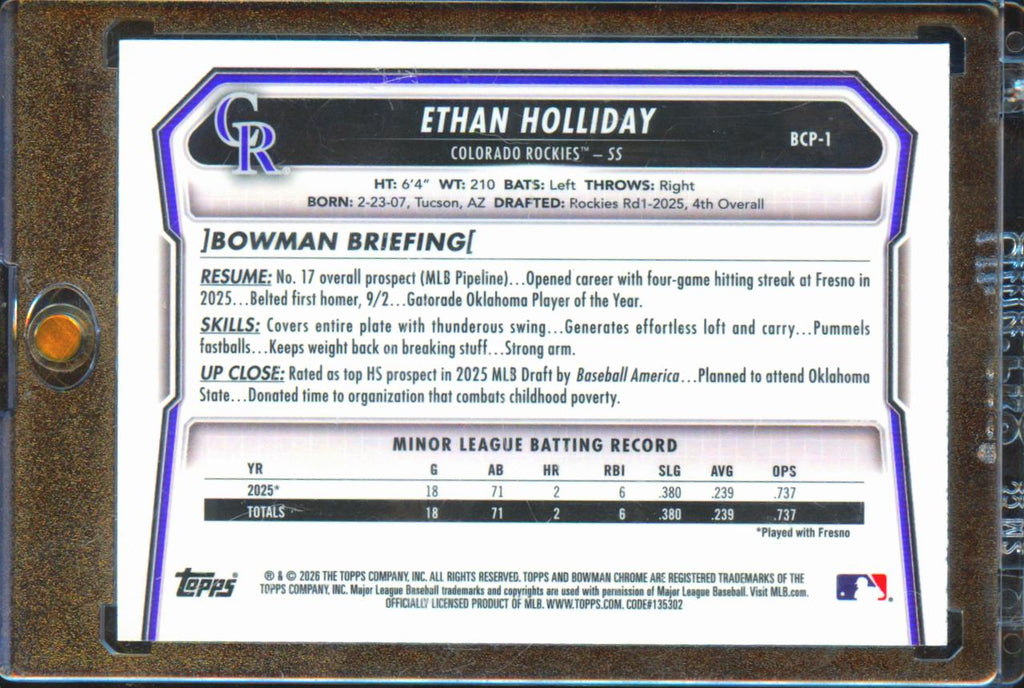 Ethan Holliday 2026 Bowman Chrome 1st Blue Refractor RC 3/150 Colorado Rockies