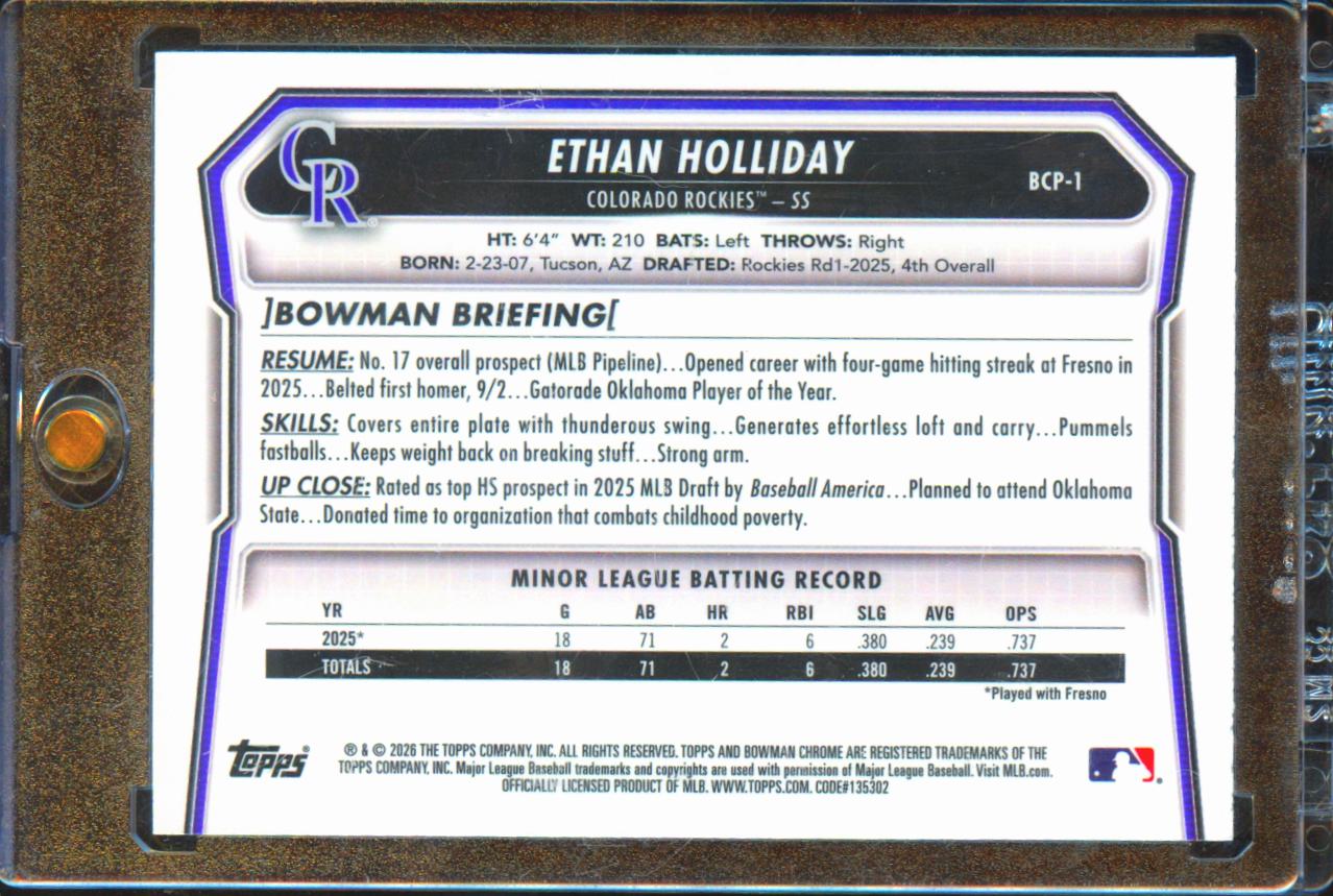 Ethan Holliday 2026 Bowman Chrome 1st Blue Refractor RC 3/150 Colorado Rockies