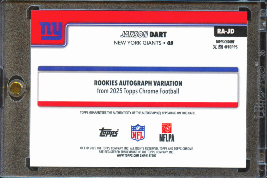 Jaxson Dart 2025 Topps Chrome Auto Autograph RC Green 13/99 New York Giants