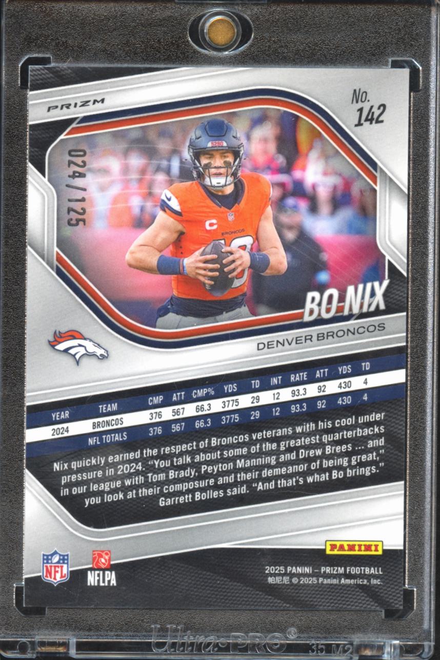 Bo Nix 2025 Panini Prizm Light Blue Disco Prizm 24/125 Denver Broncos