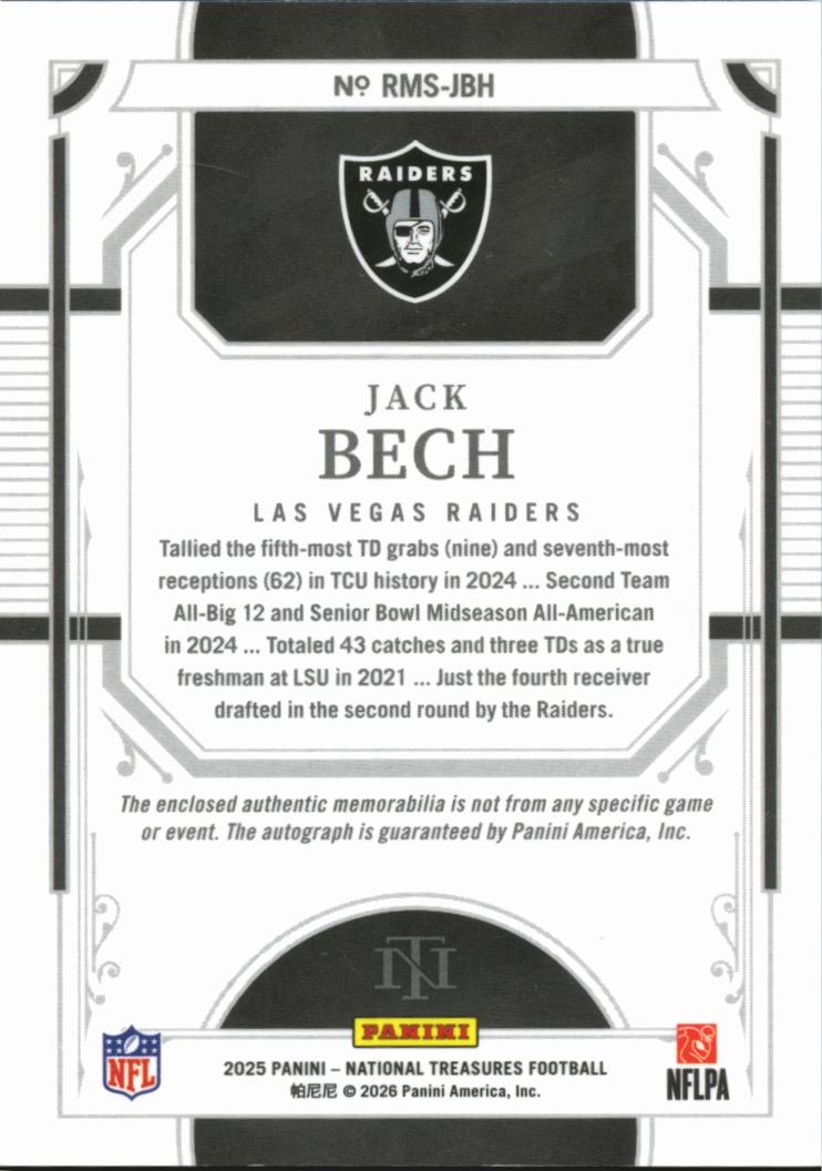 Jack Bech 2025 National Treasures Auto Autograph Patch RC 1/5 Las Vegas Raiders