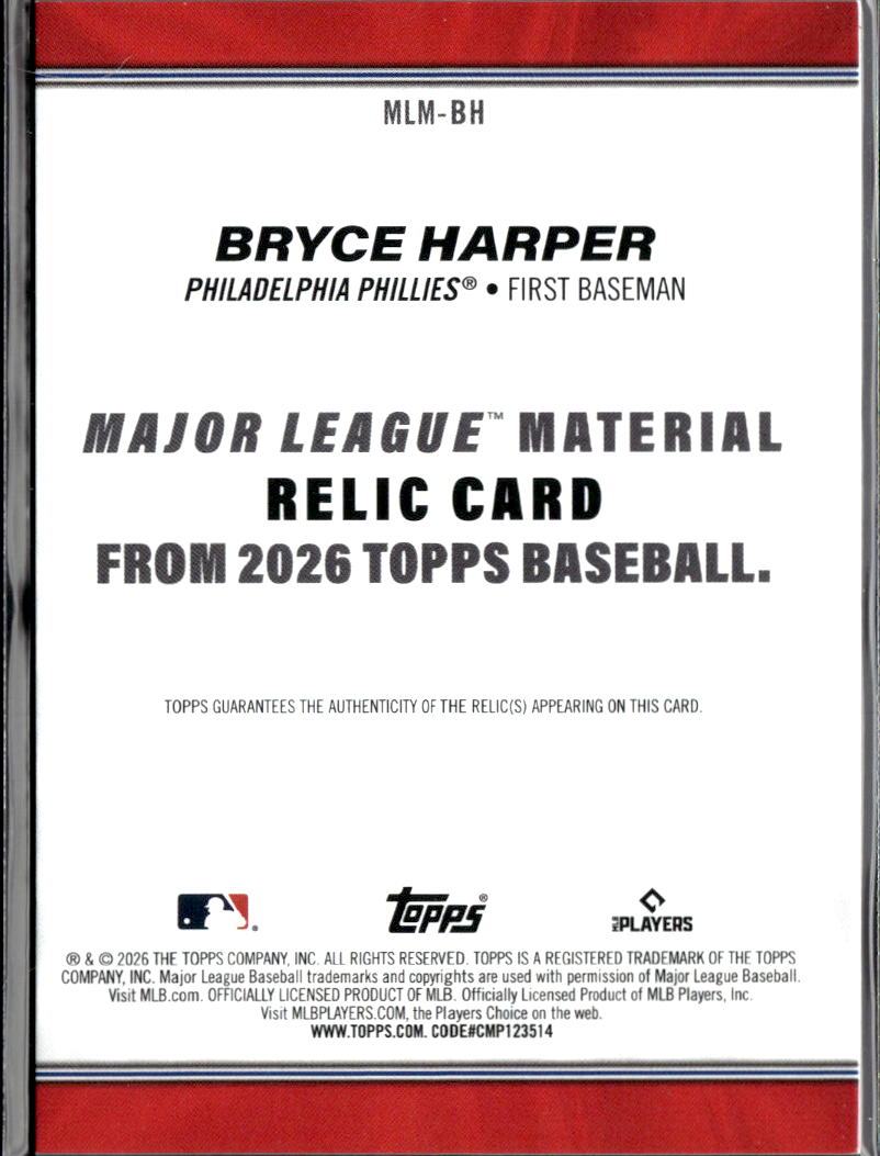 Bryce Harper 2026 Topps Game Used Bat Relic Philadelphia Phillies
