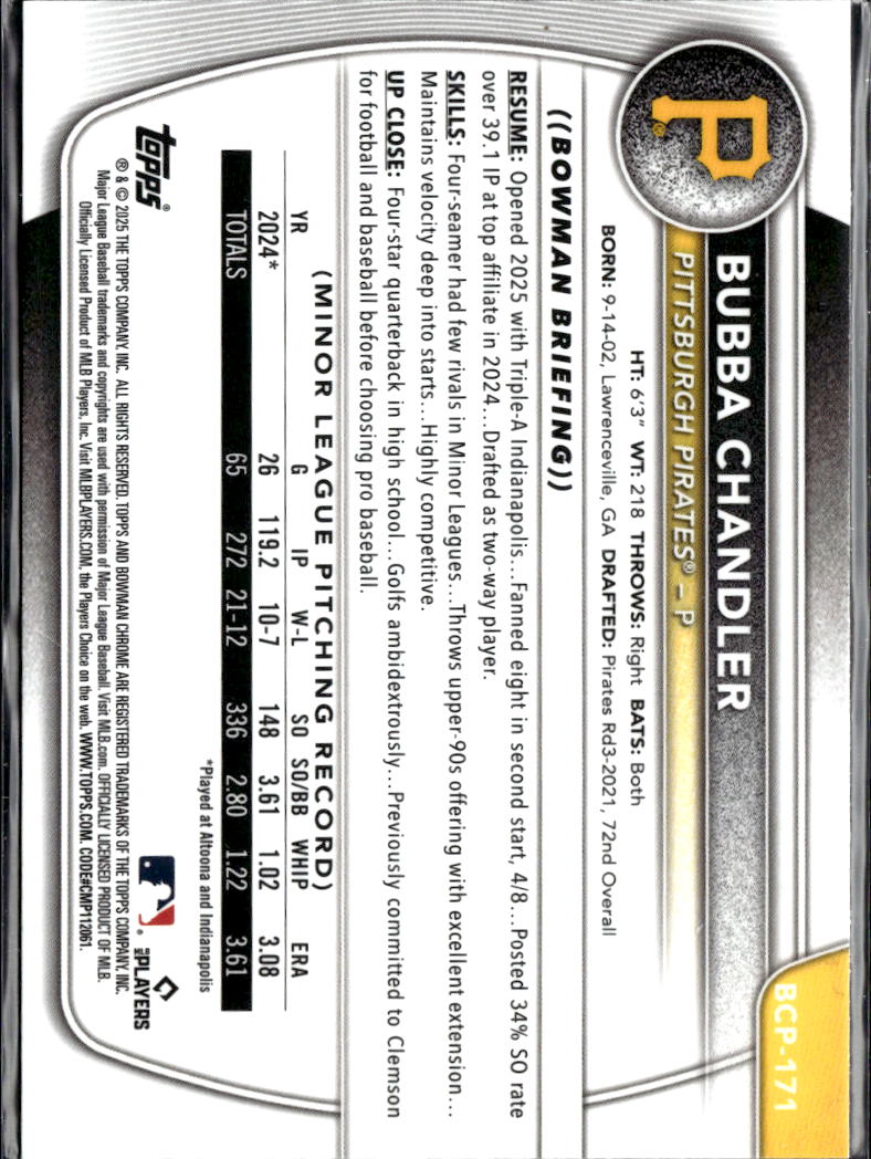 Bubba Chandler 2025 Bowman Chrome Purple Shimmer 59/250 Pittsburgh Pirates