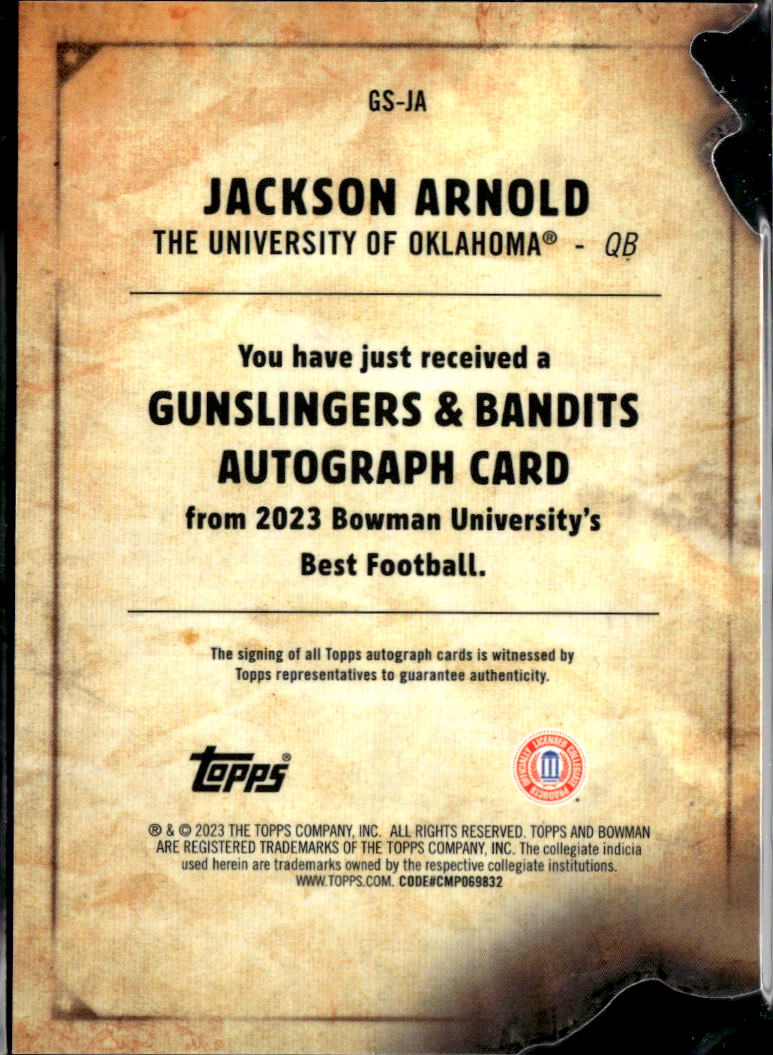 Jackson Arnold 2023 Bowman Gunslingers Auto Autograph GOLD RC 37/50 OU Sooners