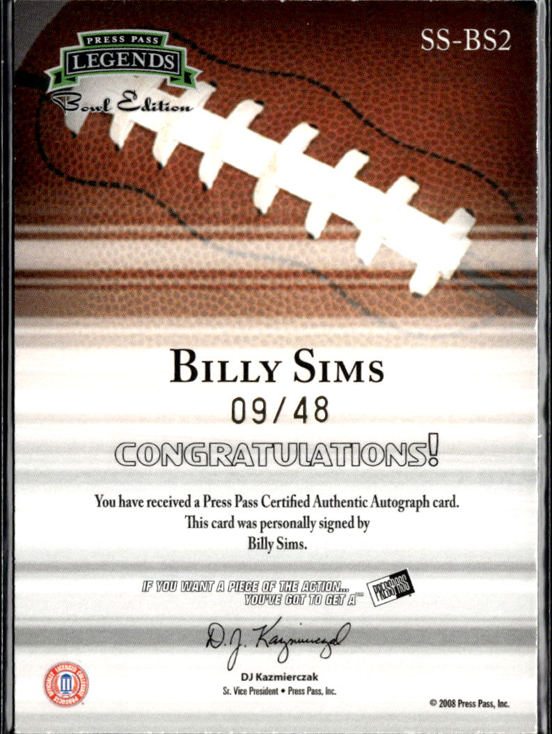 Billy Sims 2008 Press Pass Legends Auto Autograph 9/48 Oklahoma Sooners