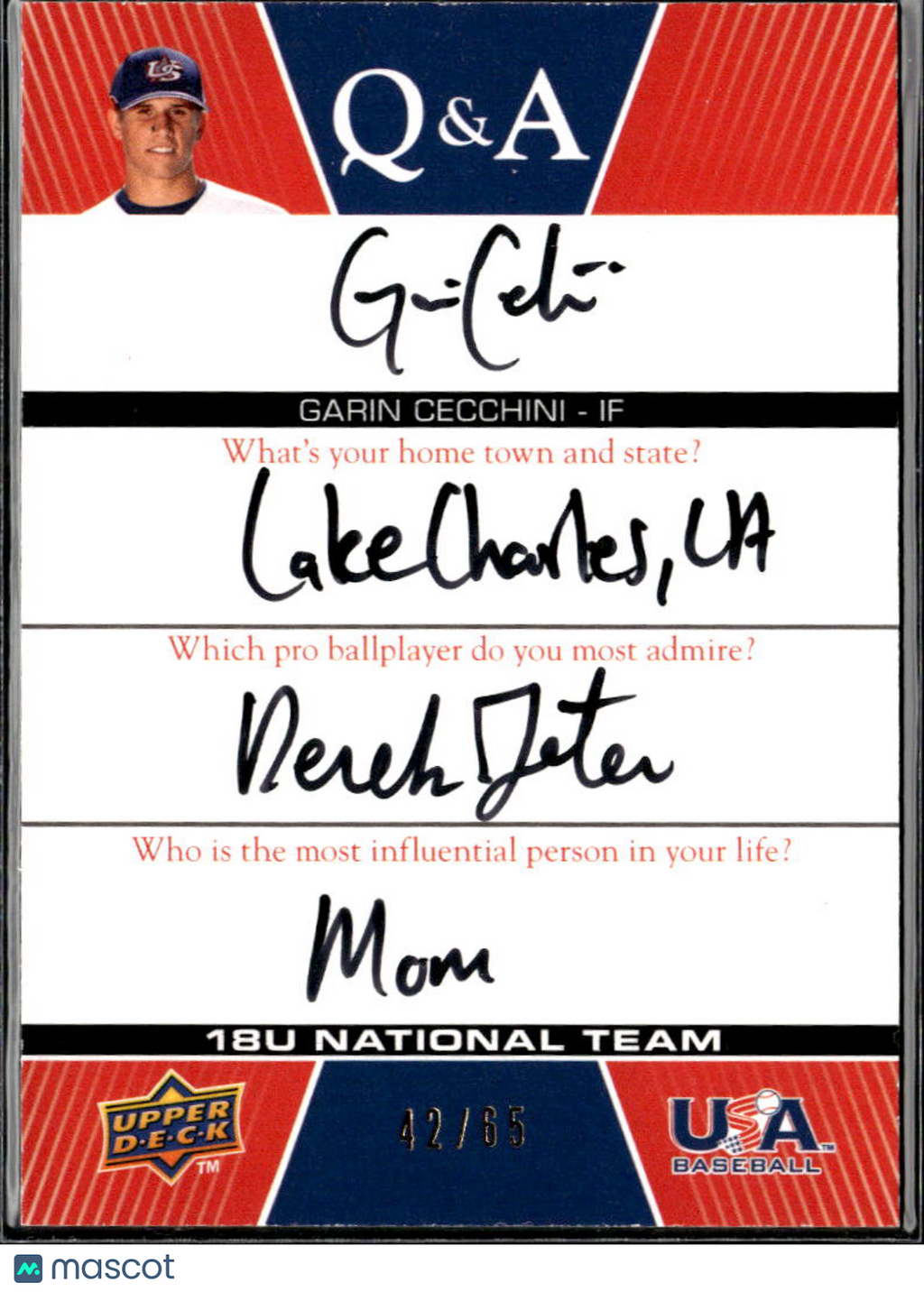 Garin Cecchini 2009 Upper Deck USA Mothers Day Inscription Auto Autograph /65