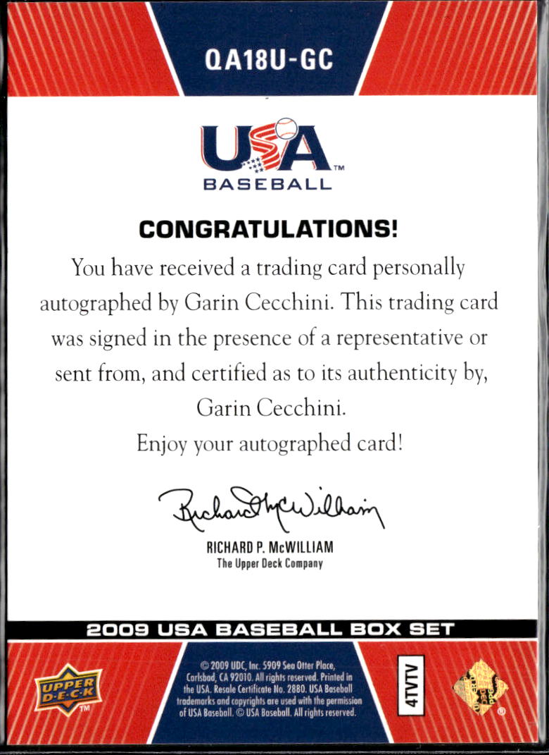 Garin Cecchini 2009 Upper Deck USA Mothers Day Inscription Auto Autograph /65