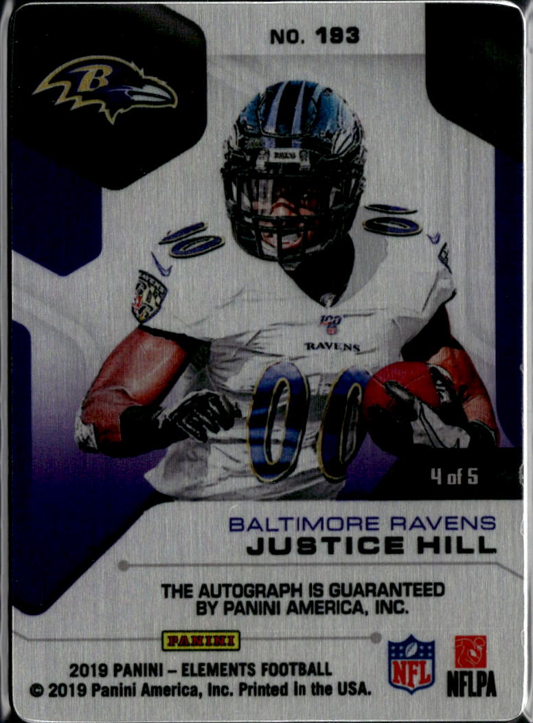 Justice Hill 2019 Elements Auto Autograph Black RC 4/5 Baltimore Ravens