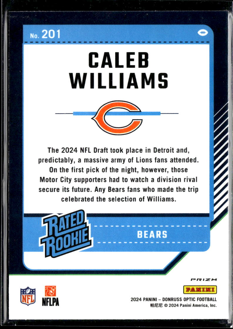 Caleb Williams 2024 Optic Rated Rookie Purple Shock Prizm RC #201 Chicago Bears