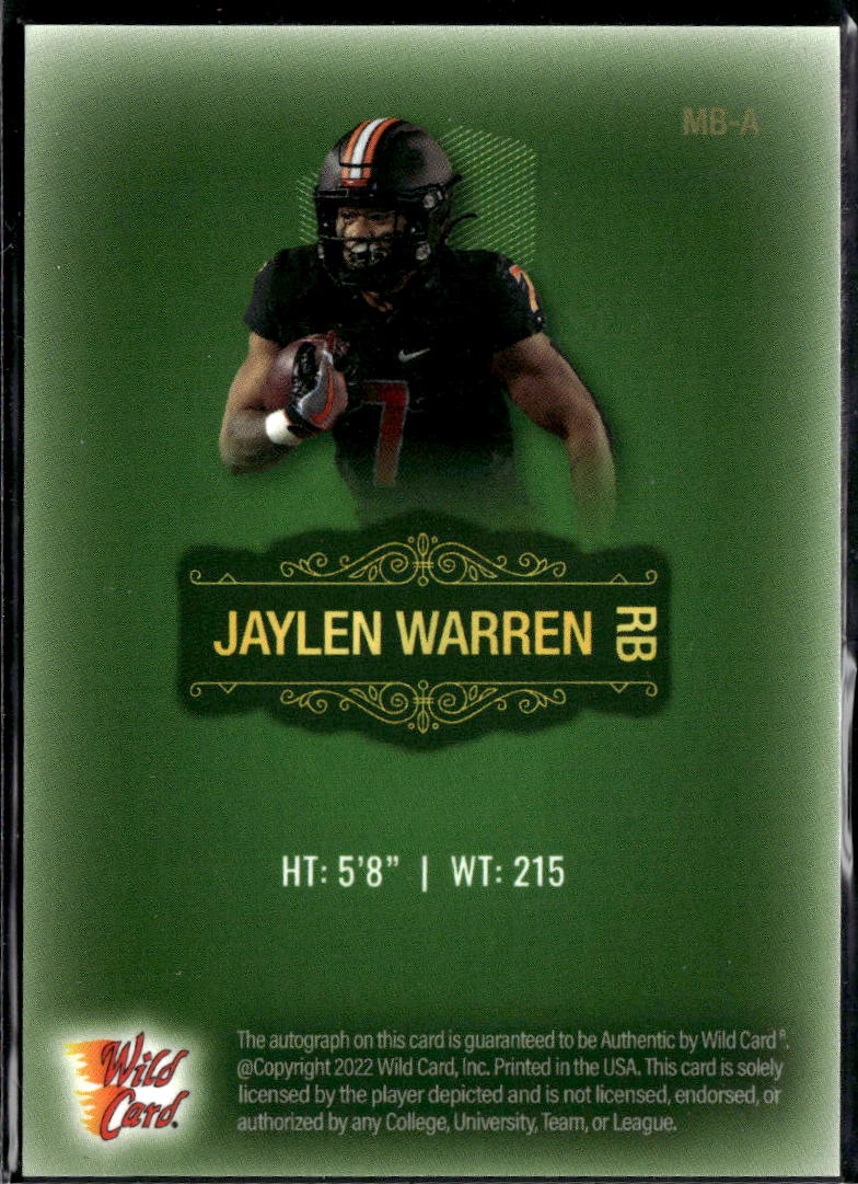 Jaylen Warren 2022 Wild Card Matte Auto Autograph 2/3 Oklahoma State Cowboys