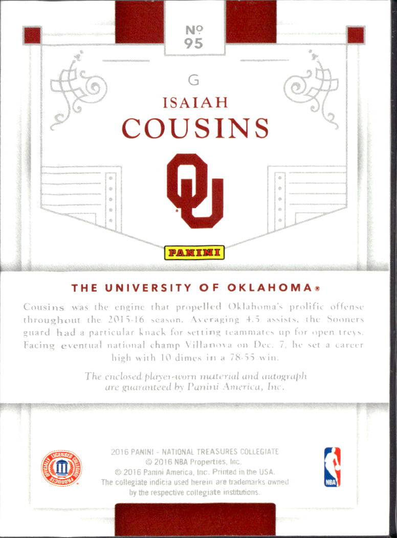 Isaiah Cousins 2016 National Treasures Auto Autograph Patch RC 19/25 OU Sooners