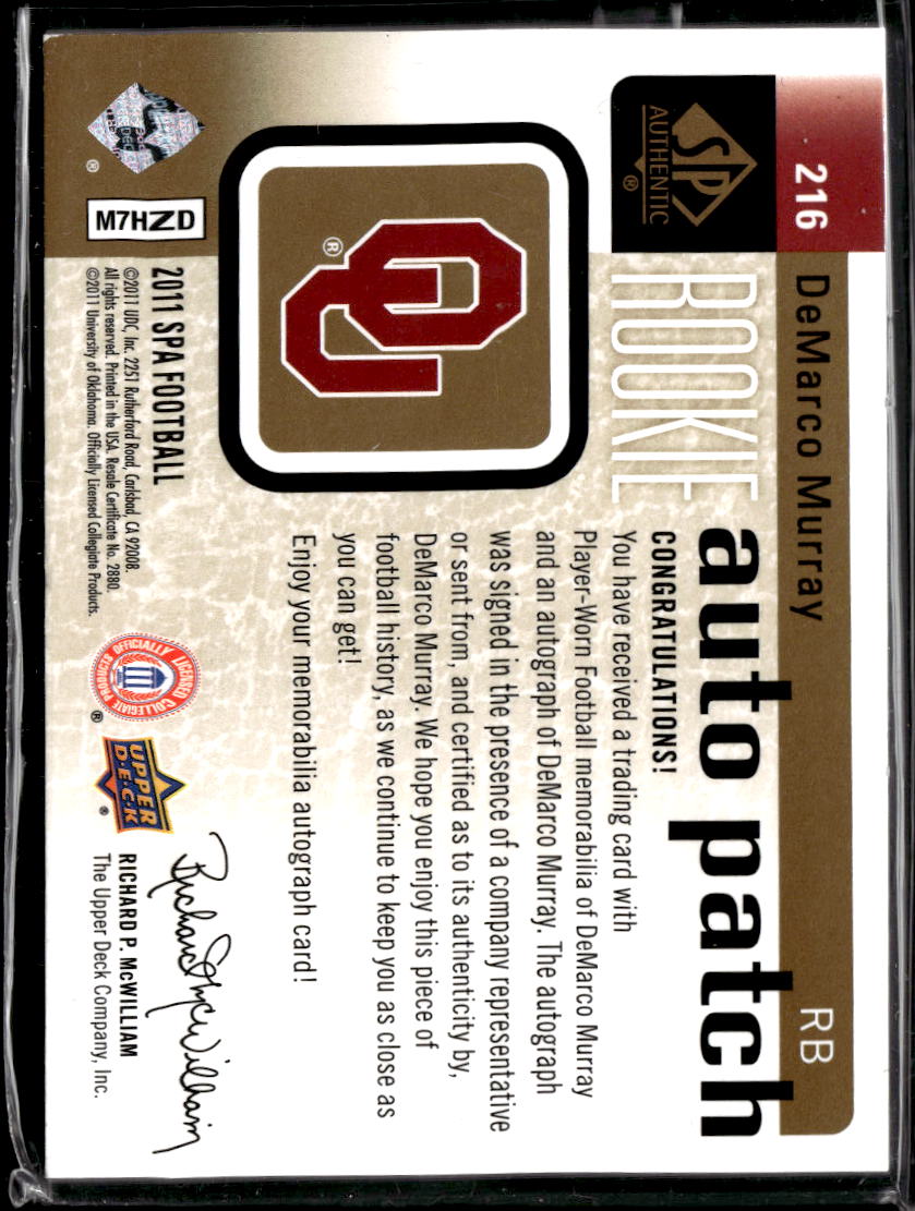 DeMarco Murray 2011 Upper Deck SP Authentic Auto Autograph Patch /699 OU Sooners