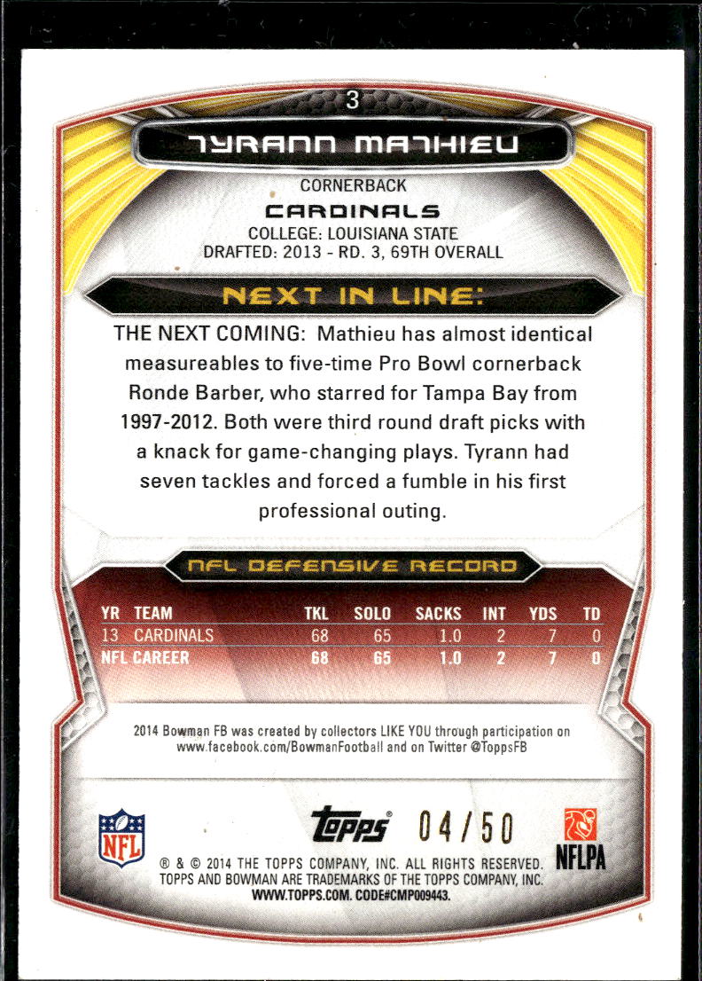 Tyrann Mathieu 2013 Bowman Rainbow Orange Foil 4/50 Arizona Cardinals