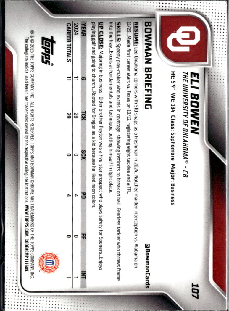 Eli Bowen 2025 Bowman Chrome 1st Lime Green Refractor 172/275 Oklahoma Sooners