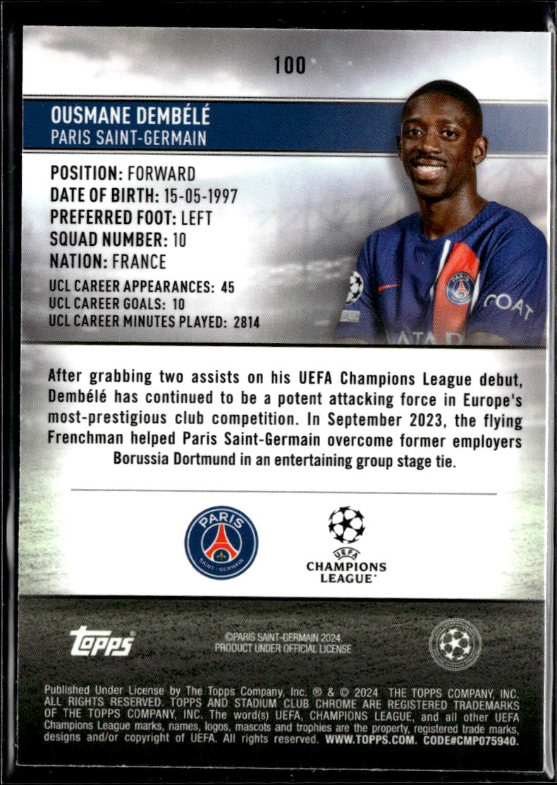 Ousmane Dembele 2024 Stadium Club Chrome Black & White /299 Paris Saint-Germain