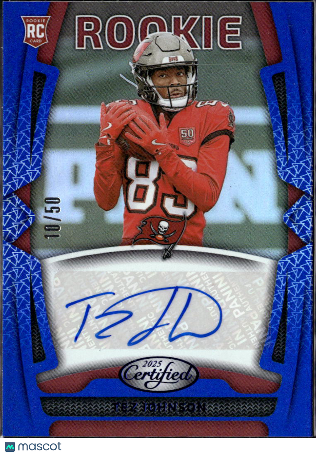 Tez Johnson 2025 Certified Auto Autograph RC Blue 10/50 Tampa Bay Buccaneers