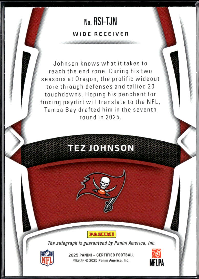 Tez Johnson 2025 Certified Auto Autograph RC Blue 10/50 Tampa Bay Buccaneers