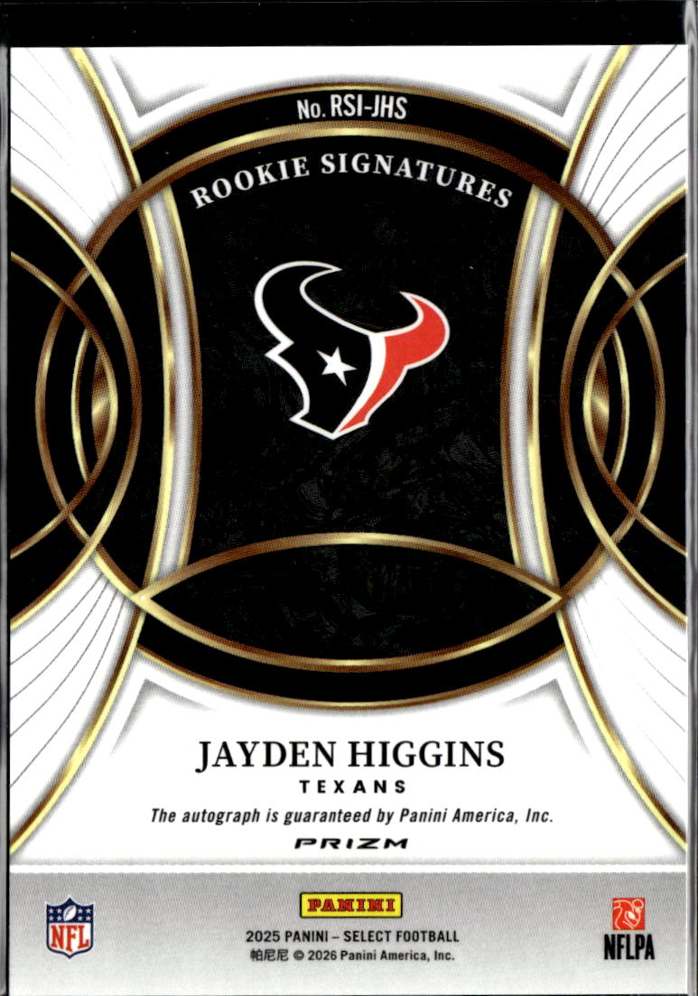 Jayden Higgins 2025 Select Auto Autograph Rookie RC Houston Texans