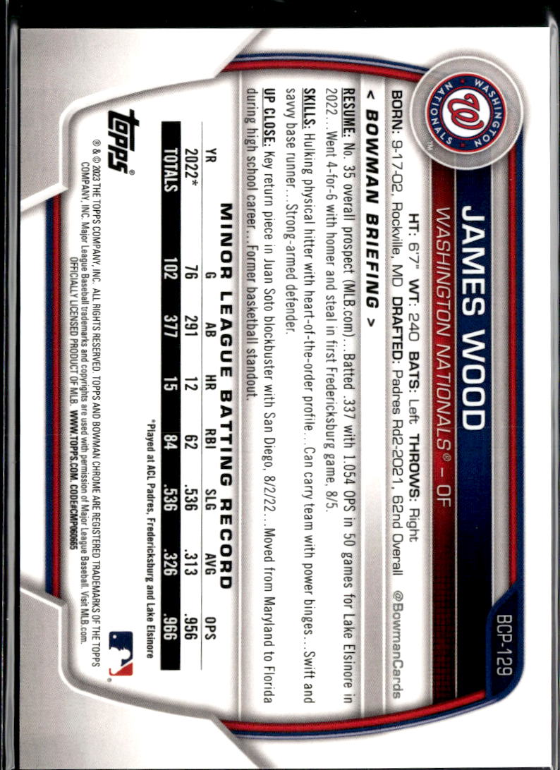James Wood 2023 Bowman Chrome Lunar Glow Refractor Washington Nationals 46/199
