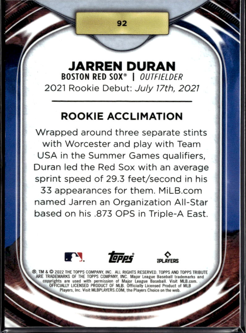 Jarren Duran 2022 Topps Tribute Blue Rookie RC 24/50 Boston Red Sox