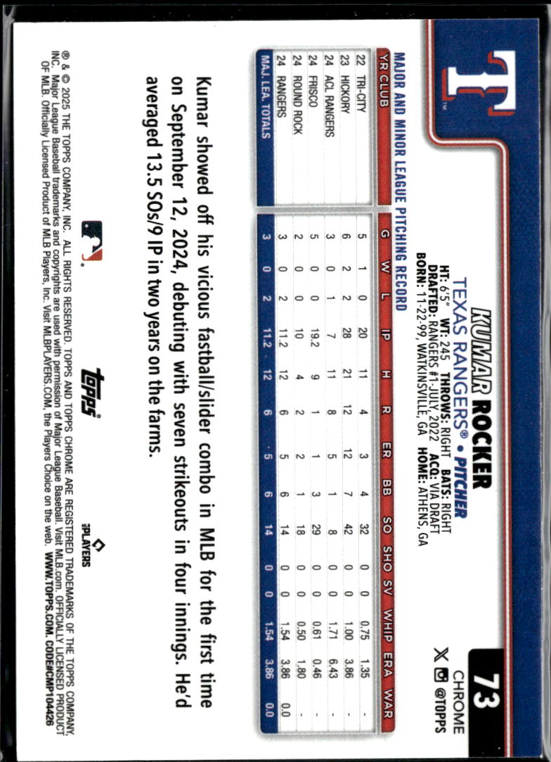 Kumar Rocker 2025 Topps Chrome RC Green X-Fractor Texas Rangers