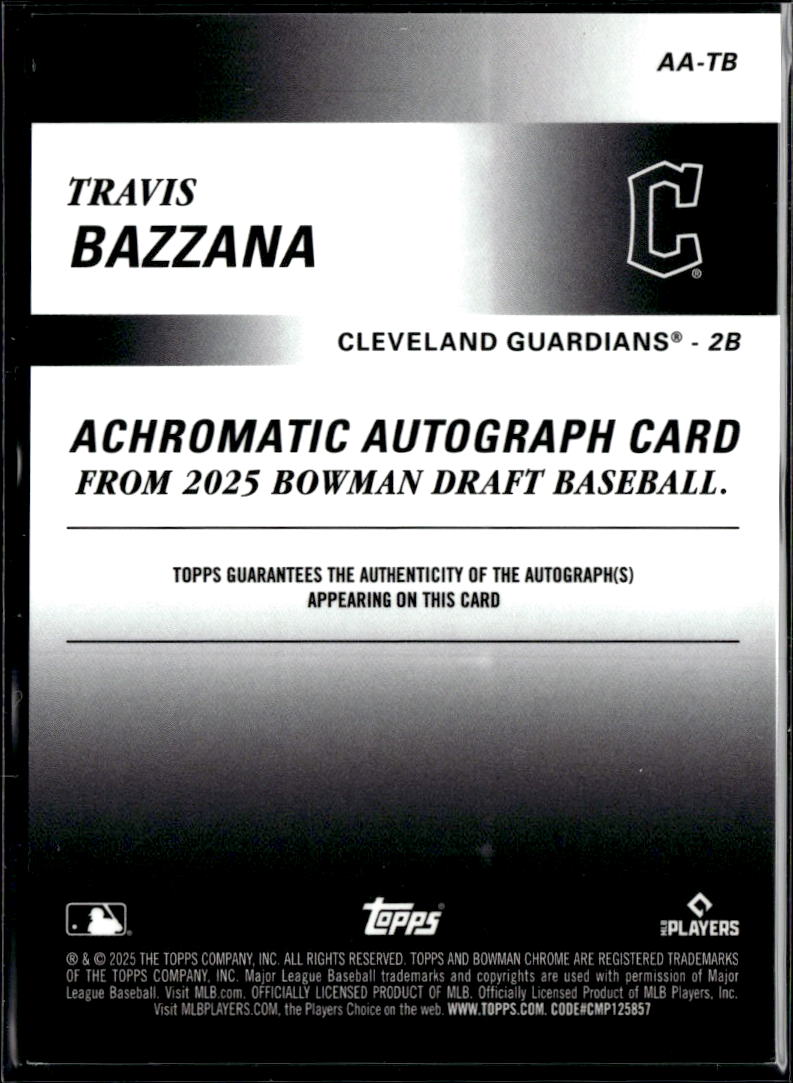 Travis Bazzana 2025 Bowman Chrome Auto Autograph 187/250 Cleveland Guardians