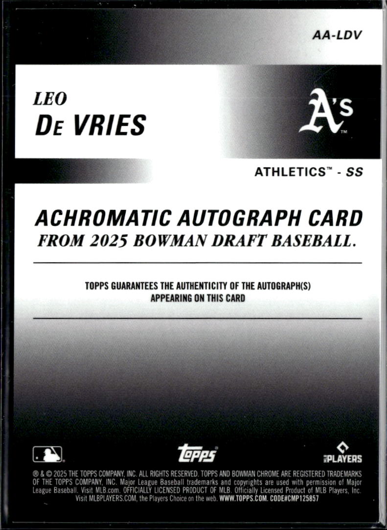 Leo De Vries 2025 Bowman Chrome Auto Autograph 75/250 Oakland Athletics