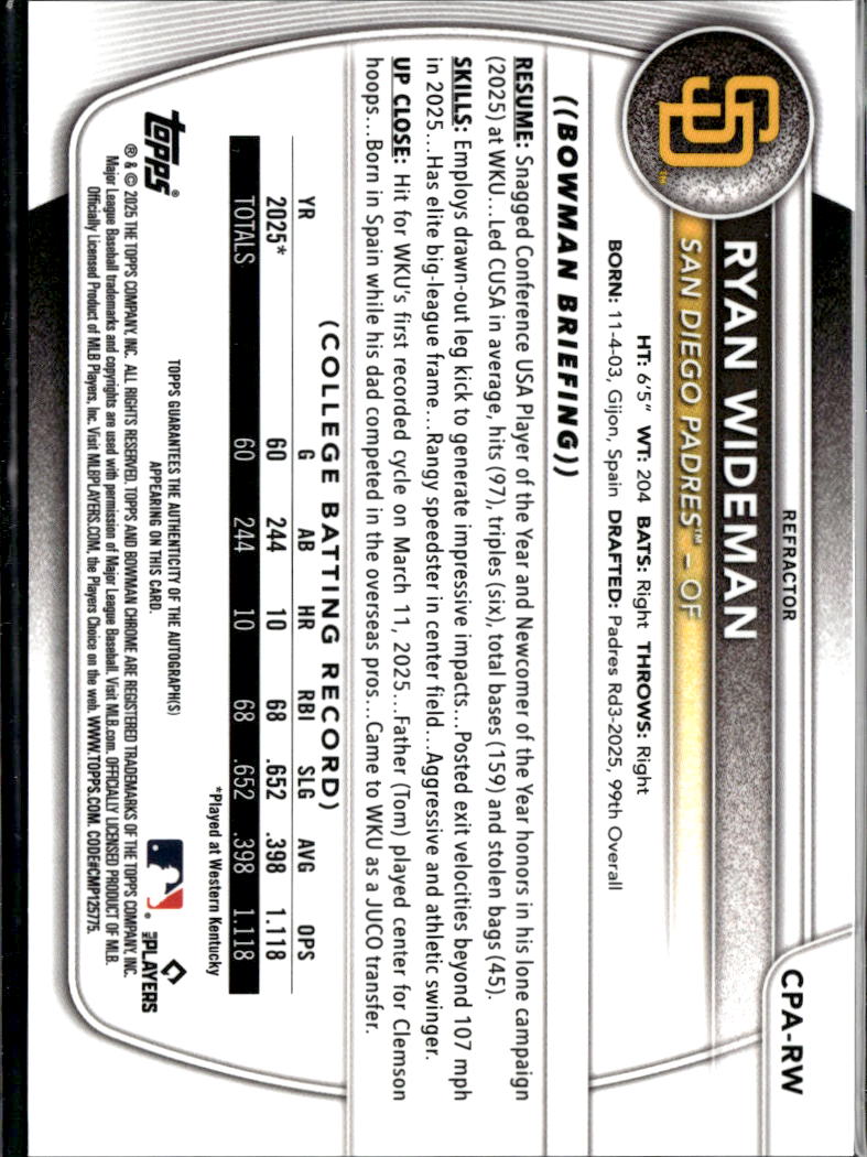 Ryan Wideman 2025 Bowman Chrome 1st Auto Autograph RC 473/499 San Diego Padres