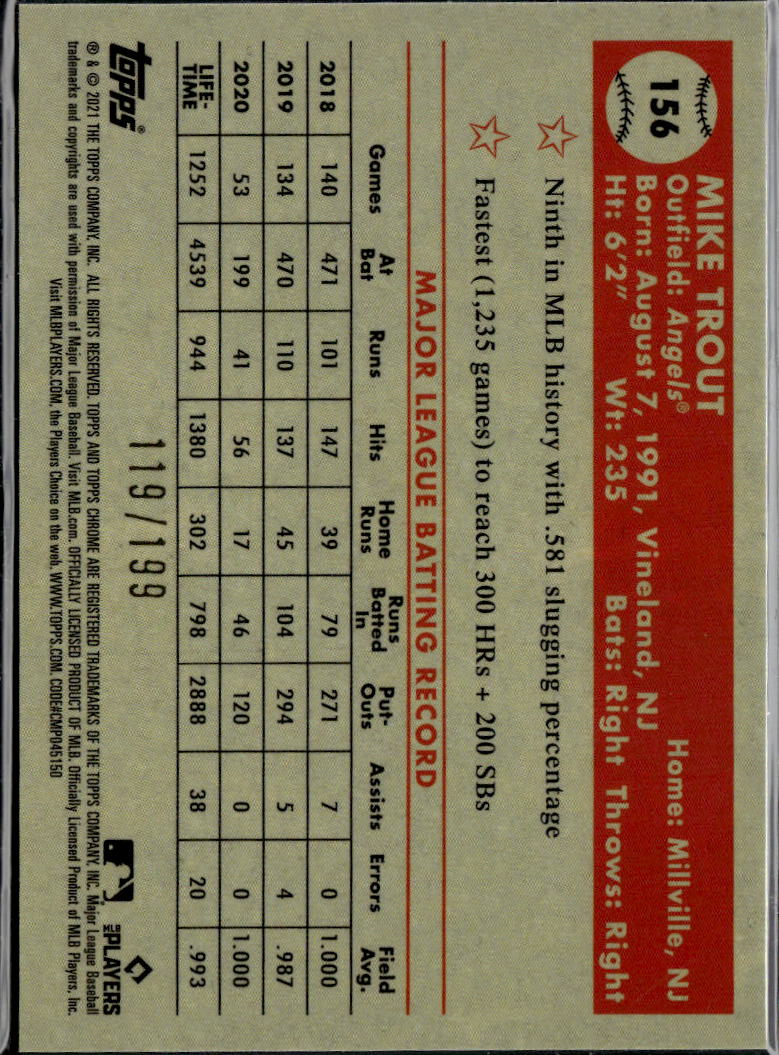 Mike Trout 2021 Topps Chrome Blue Diamond Refractor Los Angeles Angels 119/199