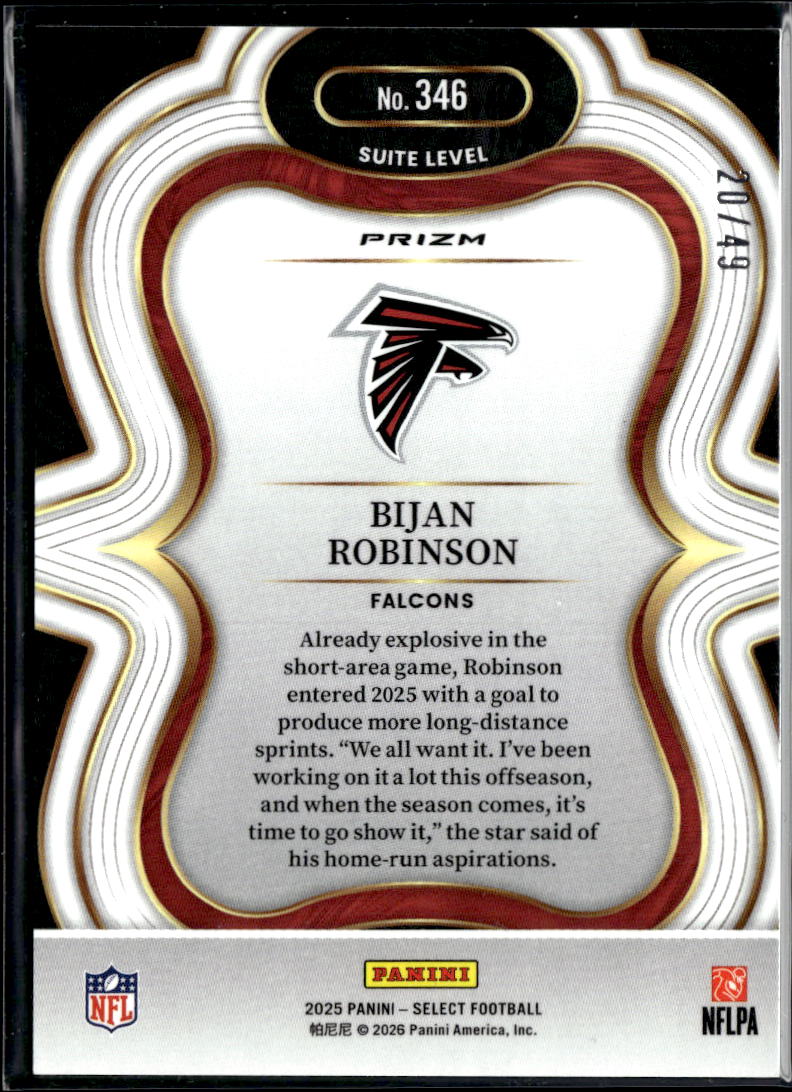 Bijan Robinson 2025 Select Prizm Suite Level Red 20/49 Atlanta Falcons
