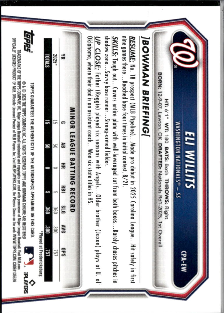 Eli Willits 2026 Bowman Chrome Auto Autograph Aqua 114/125 Washington Nationals