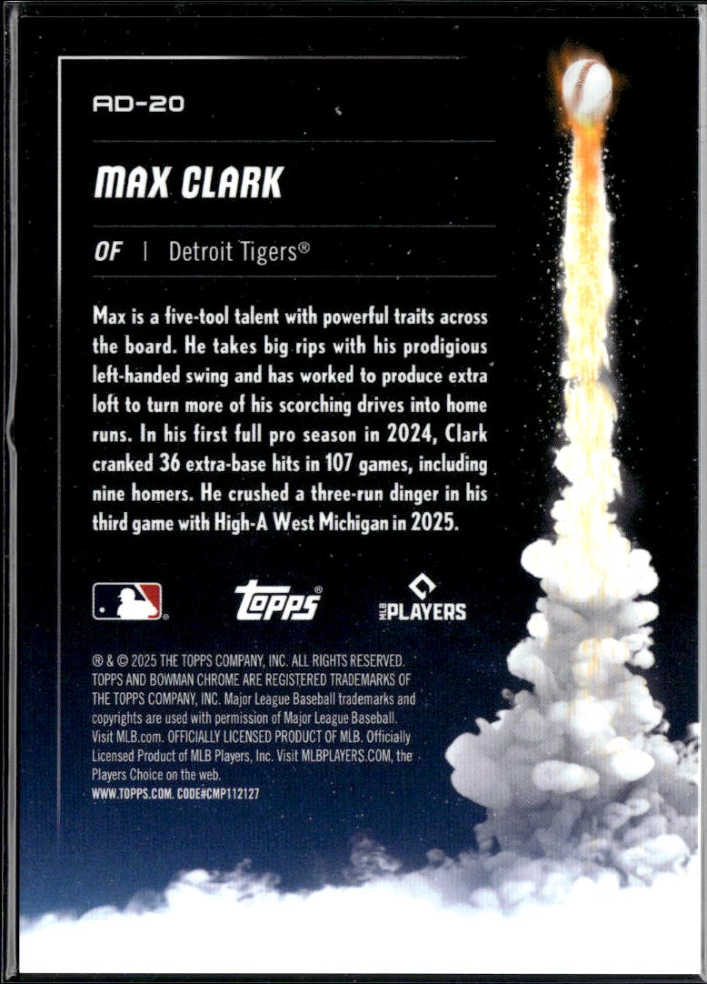 Max Clark 2025 Bowman Chrome Adios Diamond Refractor 51/150 Detroit Tigers