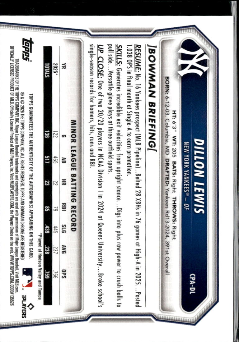 Dillon Lewis 2026 Bowman Chrome 1st Auto Autograph RC 57/125 New York Yankees