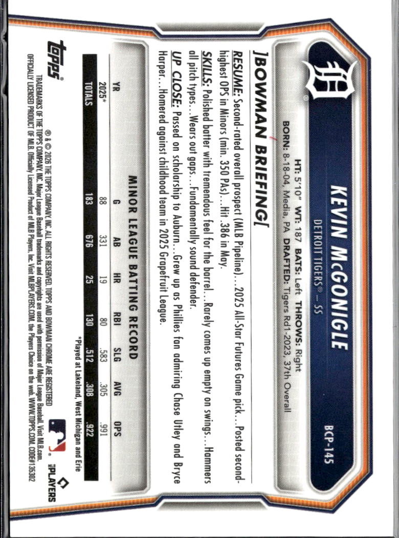 Kevin McGonigle 2026 Bowman Chrome Rose Gold Refractor 15/15 Detroit Tigers