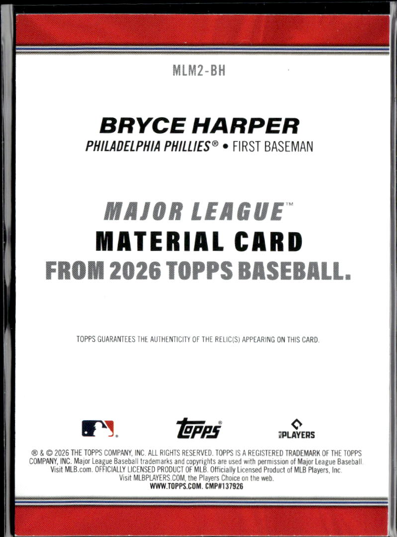 Bryce Harper 2026 Topps Game Worn Jersey Patch Philadelphia Phillies