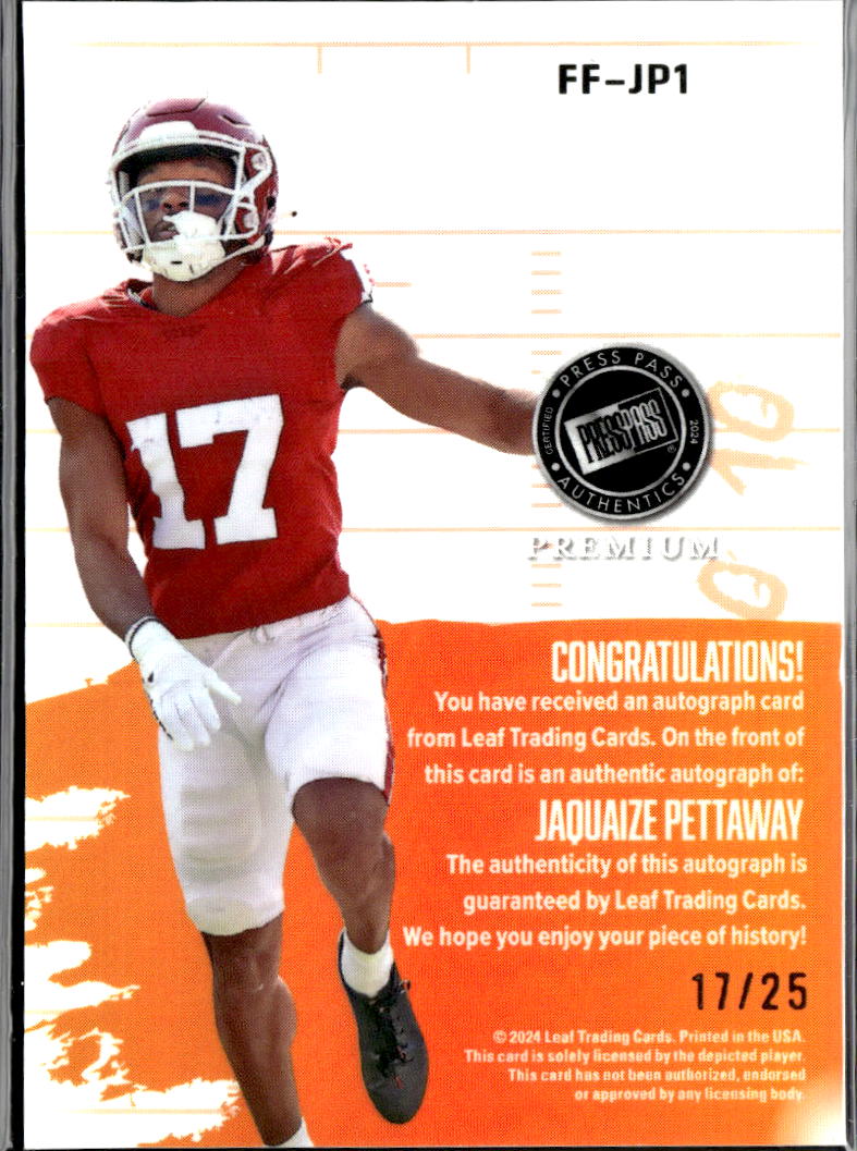 Jaquaize Pettaway 2024 Press Pass Auto Autograph JERSEY NUMBER 17/25 Sooners