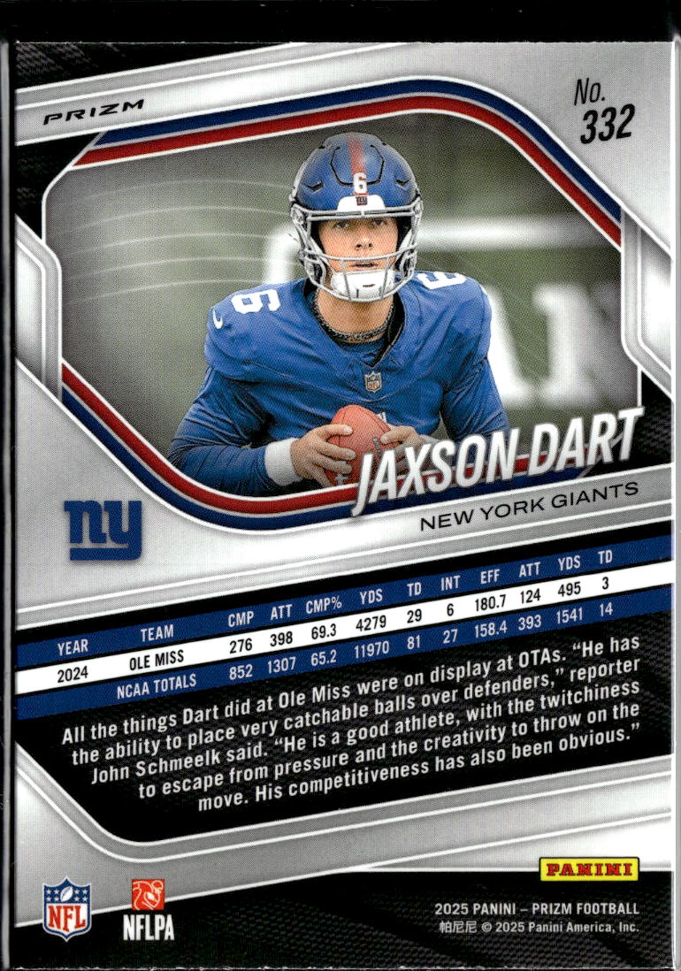 Jaxson Dart 2025 Panini Prizm RC Green Pulsar Prizm Rookie #332 New York Giants