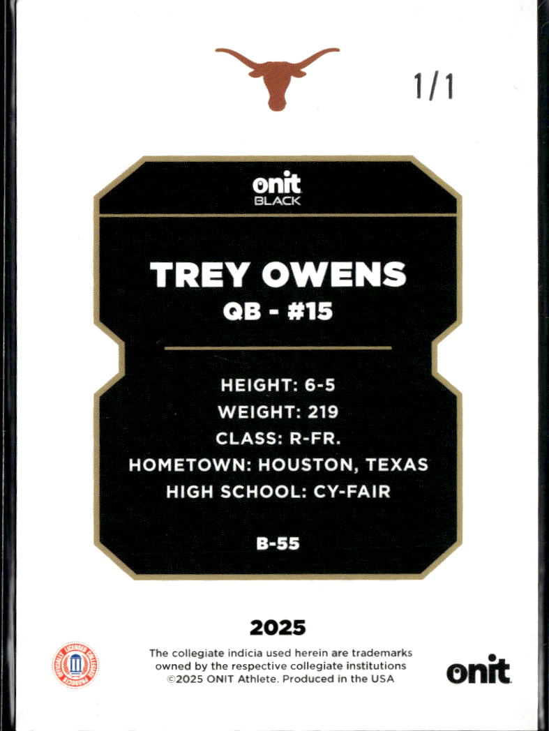 Trey Owens 2025 ONIT Black Rookie RC 1/1 Texas Longhorns