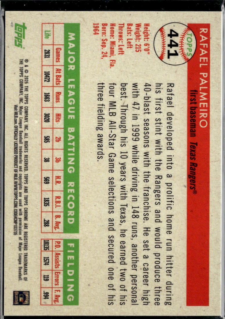 Rafael Palmeiro 2025 Topps Chrome Platinum GOLD Refractor 2/50 Texas Rangers