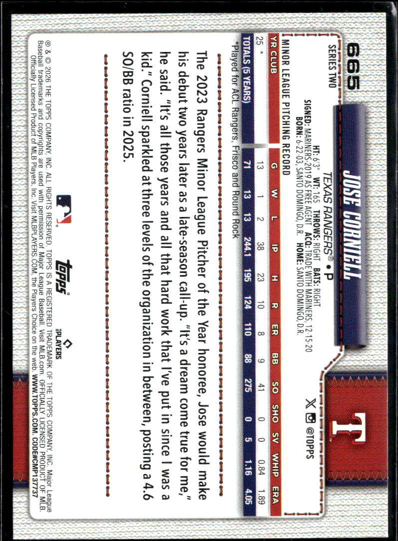 Jose Corniell 2026 Topps Team Logo SSP Rookie RC Texas Rangers
